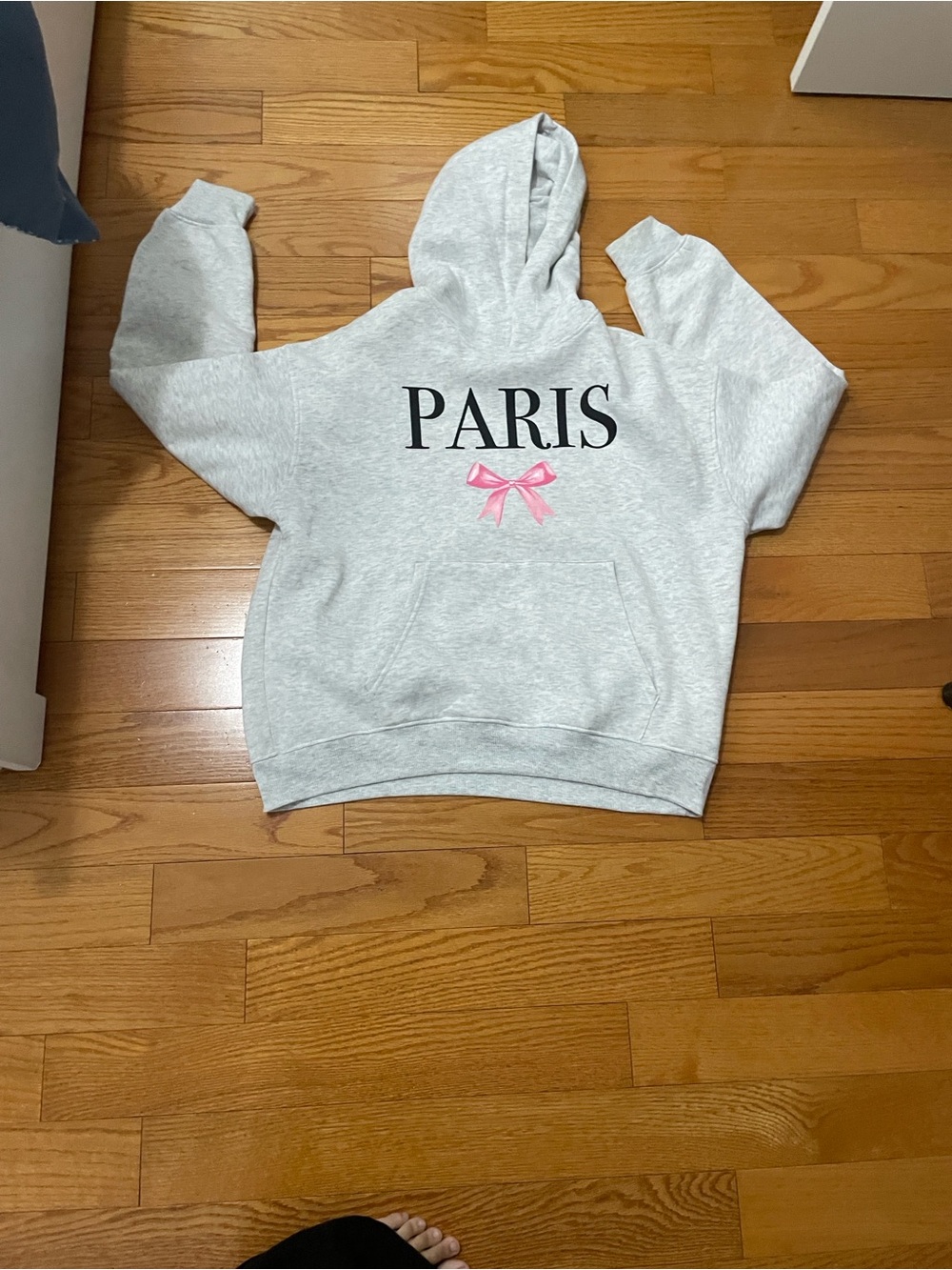 Paris Graphic Hooded Sweatshirt in Light Gray with Pink Bow like new